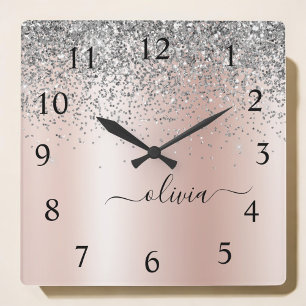 Rose Gold - Blush Pink Silver Glitter Monogram Square Wall Clock