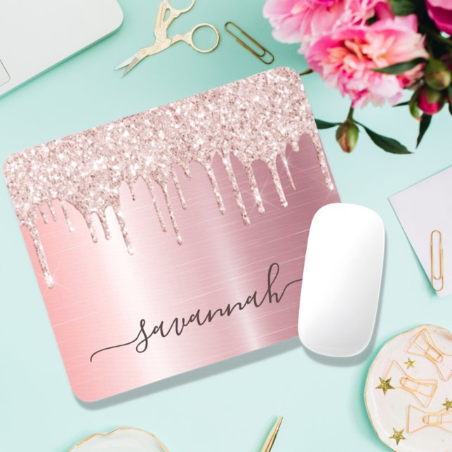 Rose gold blush pink sparkle monogram name mouse pad (Creator Uploaded)