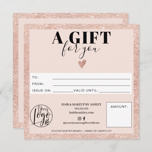 Rose gold blush pink square gift certificate logo (Front/Back)