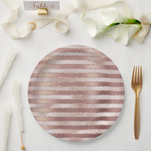 Rose Gold Blush Pink Stripes Glitz Paper Plate (Wedding)