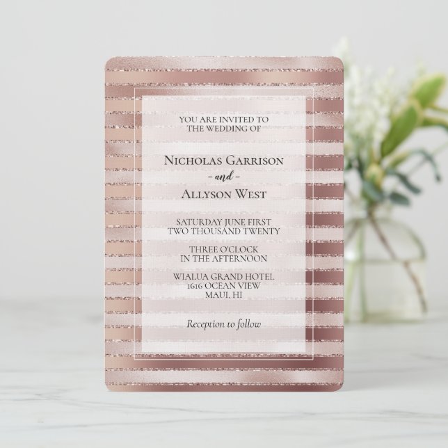 Rose Gold Blush Pink Stripes Glitz Wedding Invitation (Standing Front)