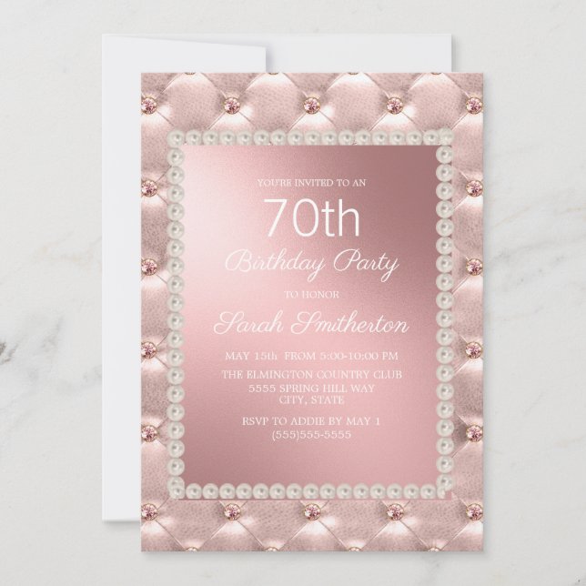 Rose Gold Blush Pink White 70th Birthday Party Invitation (Front)