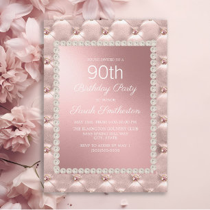 Rose Gold Blush Pink White 90th Birthday Party Invitation
