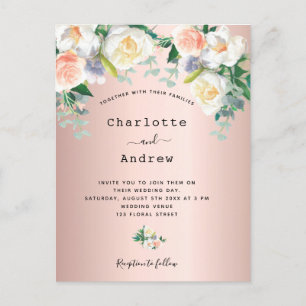 Rose gold blush pink white florals wedding postcard