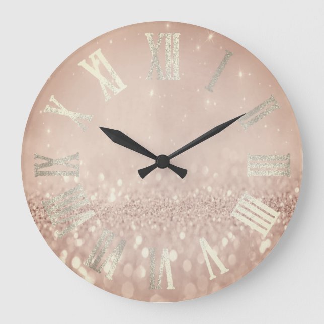 Rose Gold Blush Powder Glitter Metal Roman Numers Large Clock (Front)