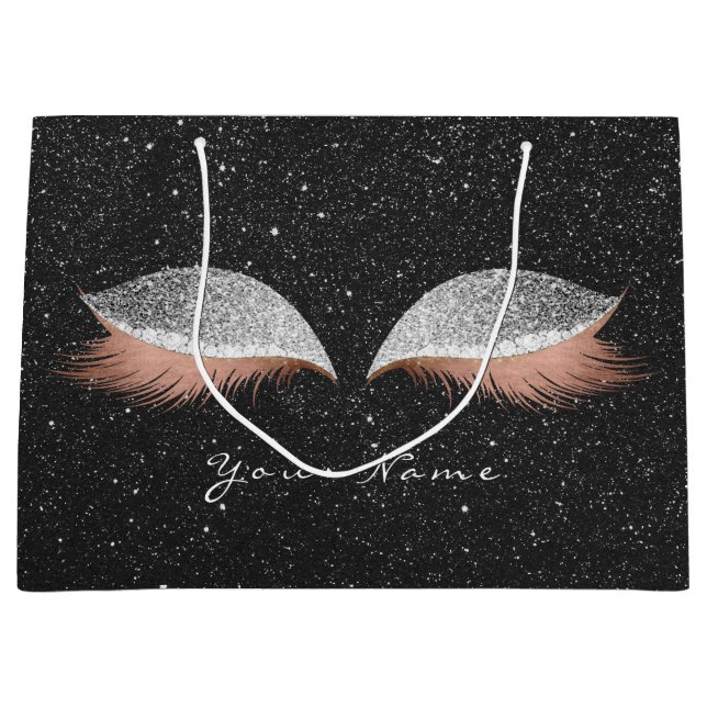 Rose Gold Blush Silver Glitter Lashes Black Makeup Large Gift Bag (Front)