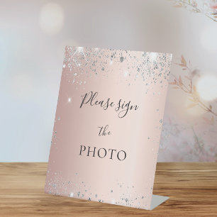 Rose gold blush silver glitter photo sign 