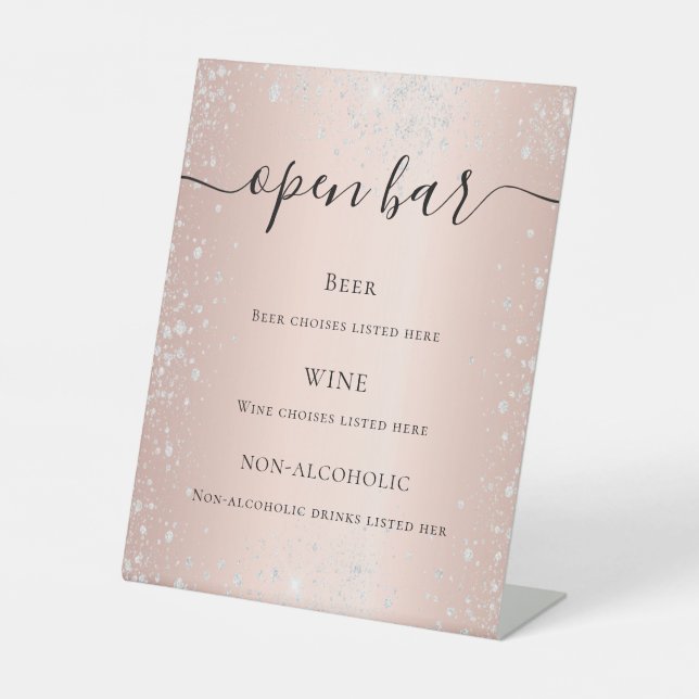 Rose gold blush silver glitter script bar menu pedestal sign (Front)