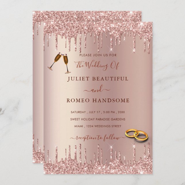 Rose Gold Blush Sparkle Drips Wedding Invitation (Front/Back)