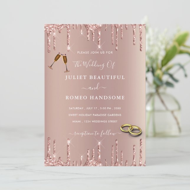 Rose Gold Blush Wedding Invitation Sparkle Drips (Standing Front)