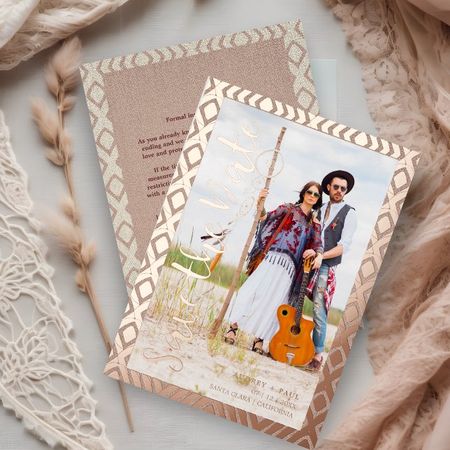Rose Gold Bohemian Tribal Textile Background Photo (Real Rose Gold Bohemian Tribal Textile Texture Background Photo Couple Metallic Foil Save the Date.)