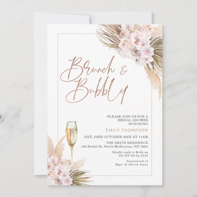 Rose Gold Boho Dry Floral Pampas Bridal Shower Invitation (Front)