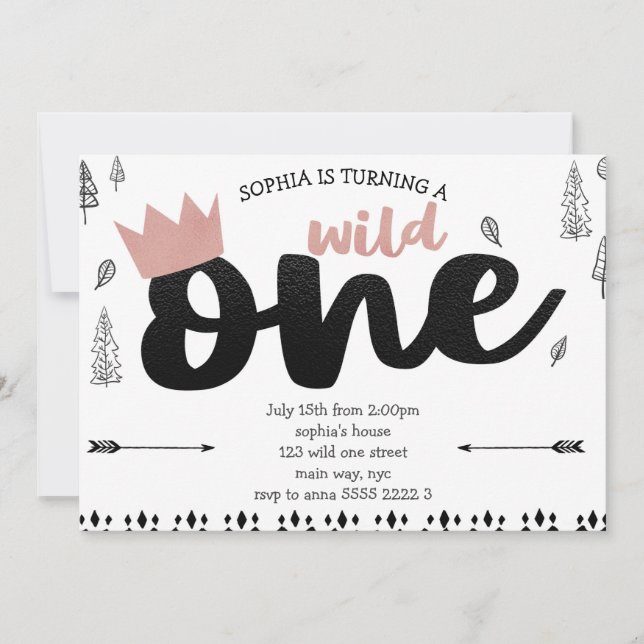 Rose Gold Boho Ethnic WILD ONE Girl 1st Birthday Invitation (Front)