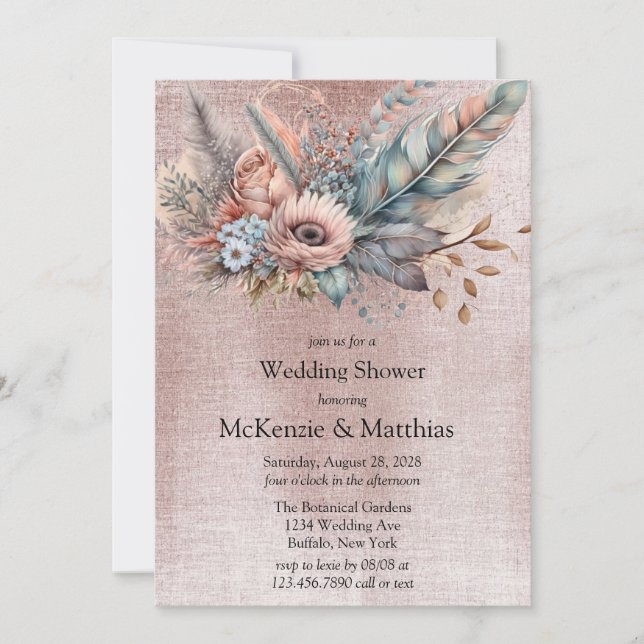 Rose Gold Boho Floral Feather Wedding Shower Invitation (Front)