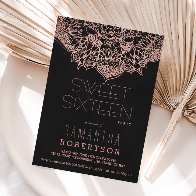 Rose gold boho floral mandala Sweet 16 party Invitation (Creator Uploaded)
