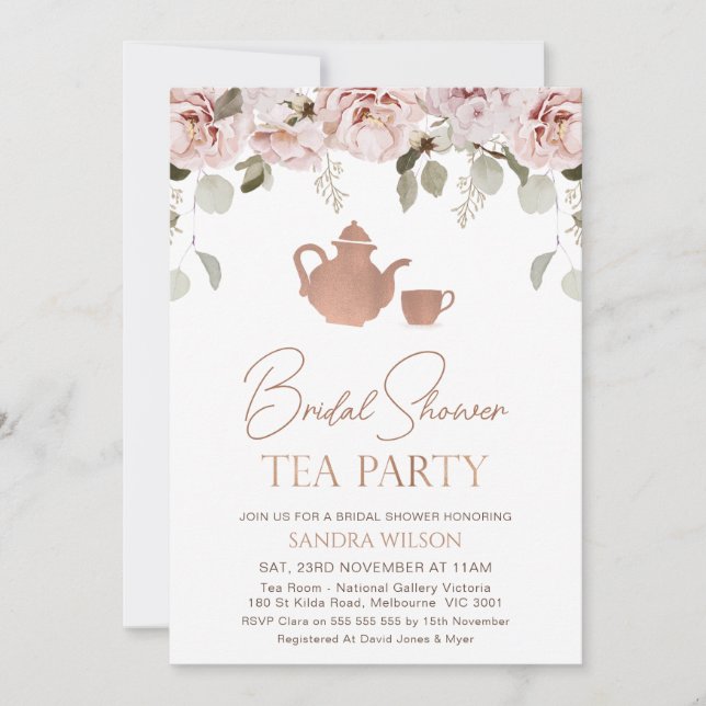 Rose Gold Boho Floral Tea Party Bridal Shower Invitation (Front)