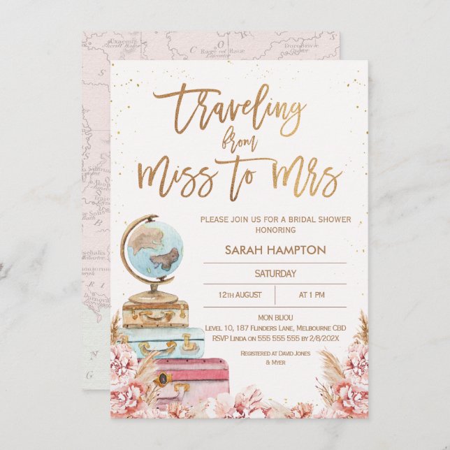 Rose Gold Boho Traveling Miss to Mrs Bridal Shower Invitation (Front/Back)