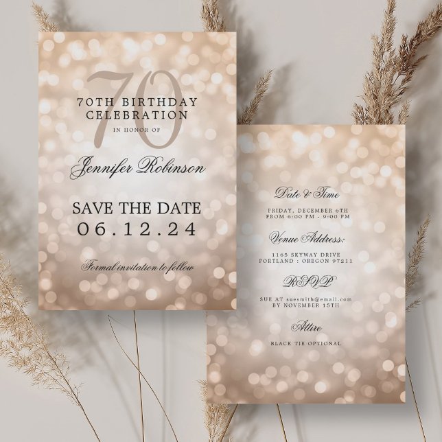 Rose Gold Bokeh 70th Birthday Save Date Details Invitation (Rose Gold Bokeh 70th Birthday Save Date Details Invitation)