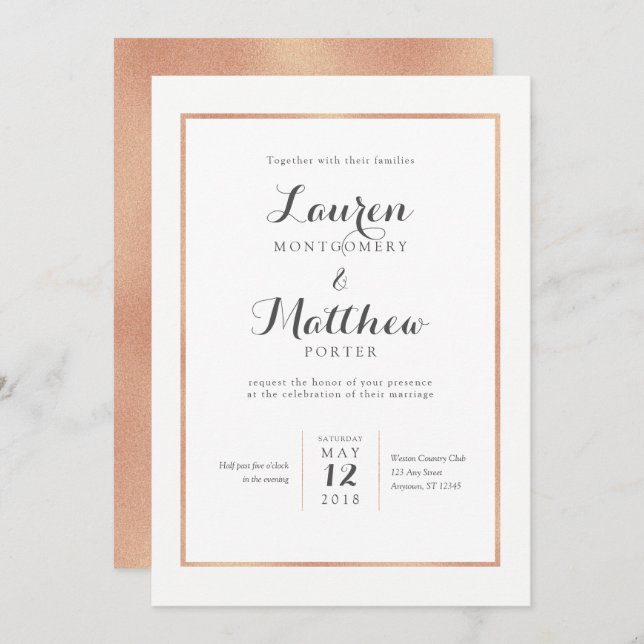 Rose Gold Border Modern Wedding Invitation (Front/Back)