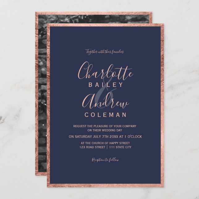 Rose gold border navy blue script  photo wedding invitation (Front/Back)