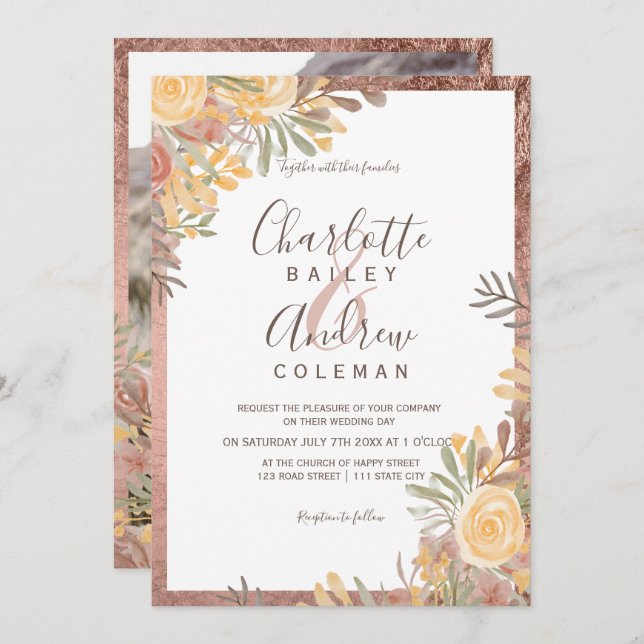 Rose gold border terracotta floral photo wedding invitation (Front/Back)