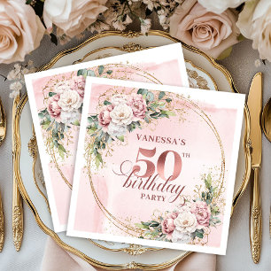 Rose Gold Botanical Blush 50th Birthday Party  Napkin