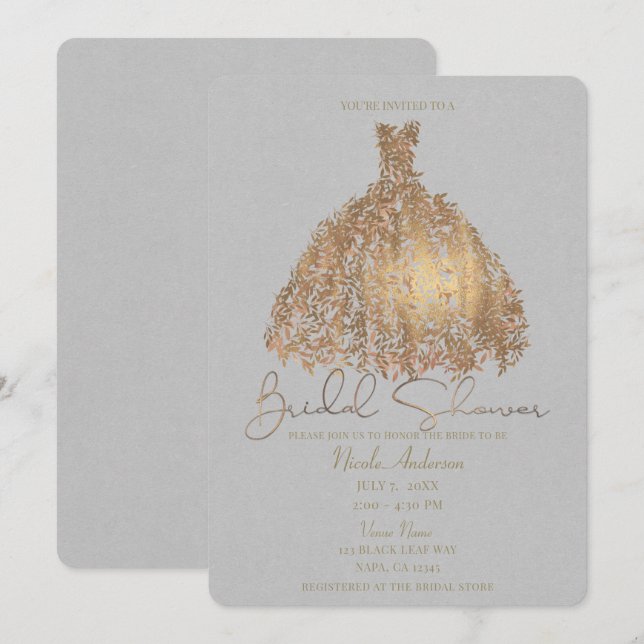 Rose Gold Botanical Leaves Dress Bridal Shower Invitation (Front/Back)