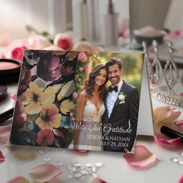 Rose Gold Bouquet Wedding Photo Thank You Card (Send them a personal note of appreciation with this floral custom photo folded thank you note card)