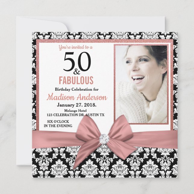 Rose gold bow black damask 50th Birthday photo Invitation (Front)