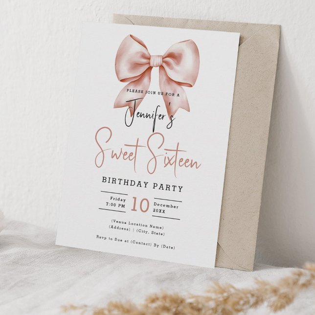 Rose Gold Bow Coquette Cute Script Sweet 16 Invitation (Rose Gold Bow Coquette Cute Script Sweet 16 Invitation)