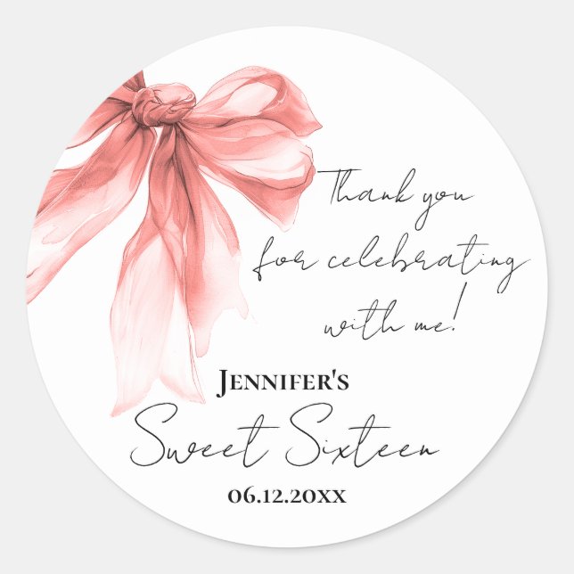 Rose Gold Bow Coquette Script Sweet 16 Thank You  Classic Round Sticker (Front)