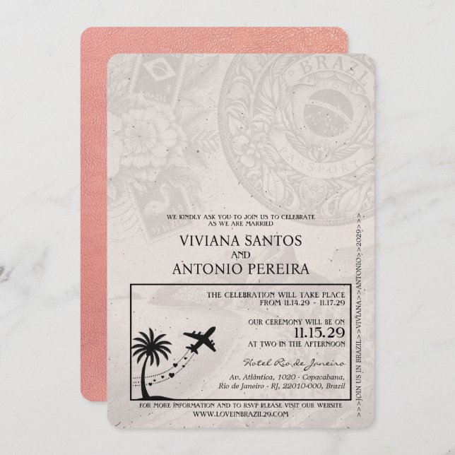 Rose Gold Brazil Passport Wedding Invitation (Front/Back)
