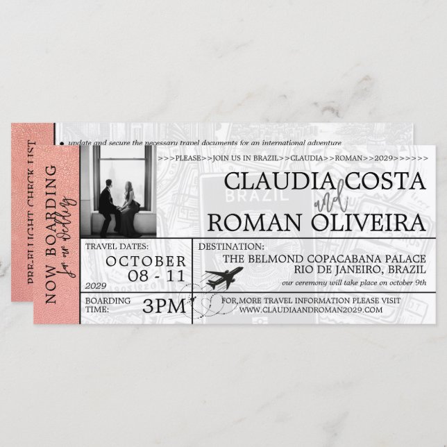 Rose Gold Brazil Wedding Boarding Pass Invitation (Front/Back)