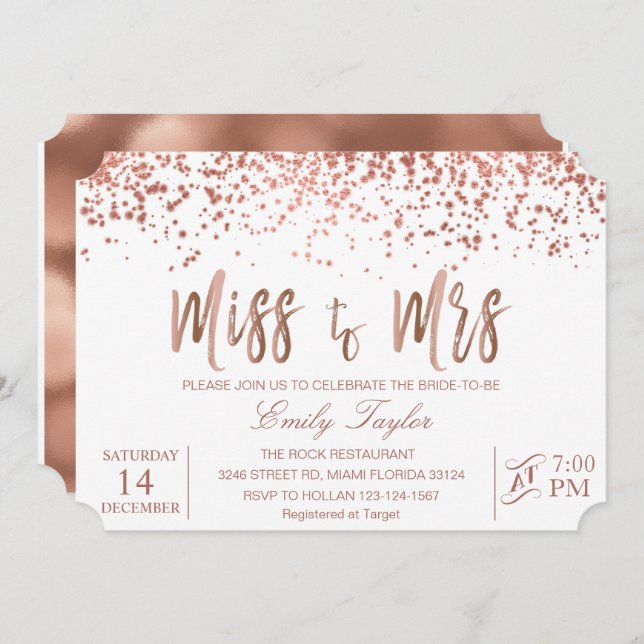 Rose Gold Bridal Shower Invitation , Miss to Mrs (Front/Back)