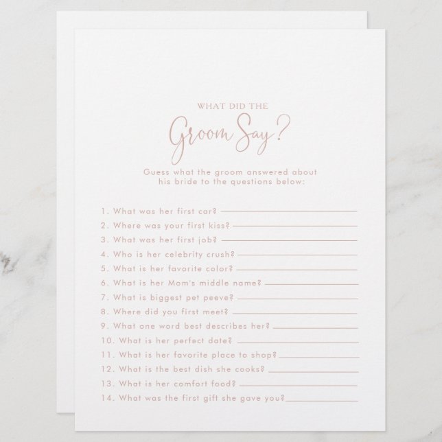 Rose Gold Bridal Shower What did the Groom Say (Front/Back)