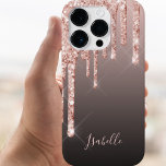 Rose gold brown black glitter drips name girly Case-Mate iPhone 14 pro case<br><div class="desc">An elegant,  girly and glam phone case. Faux rose gold,  copper glitter drip,  paint drip.  Black,  brown ombre background. Insert your name,  written with a modern hand lettered style script. Rose gold coloured letters.</div>