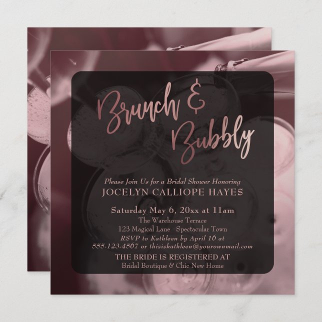 Rose Gold Brunch & Bubbly Champagne Photo Invitation (Front/Back)