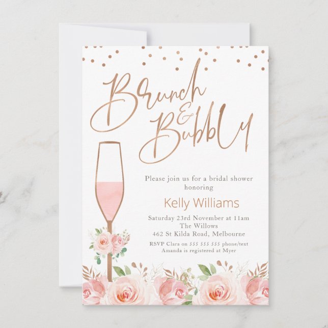 Rose Gold Brunch Bubbly Floral Bridal Shower Invitation (Front)