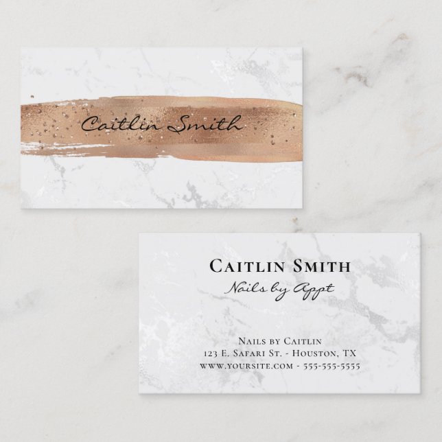 Rose Gold Brush Stroke Silver White Foil Marble Business Card (Front/Back)