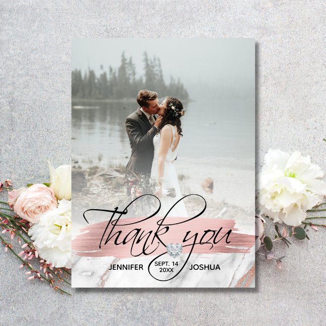 Rose Gold Brush Stroke Wedding Thank You | 2 PHOTO Postcard (Creator Uploaded)