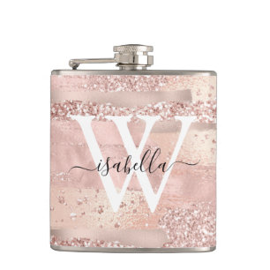 Rose Gold Brush Strokes Glitter Script Monogram Hip Flask