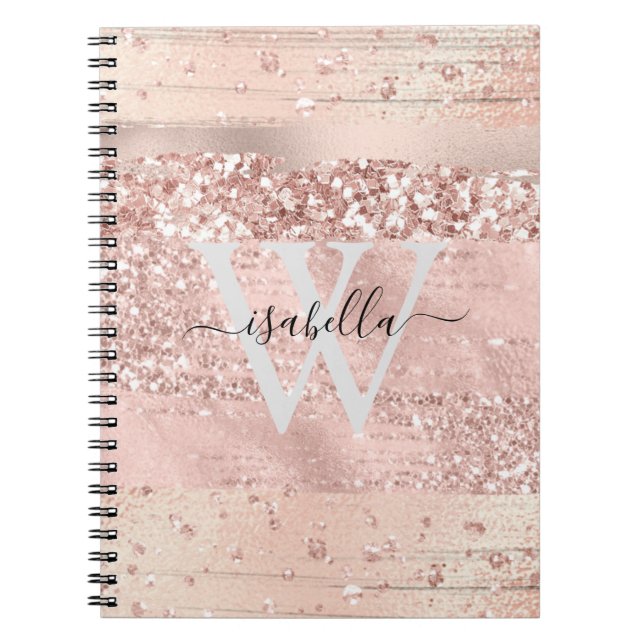 Rose Gold Brush Strokes Glitter Script Monogram No Notebook (Front)