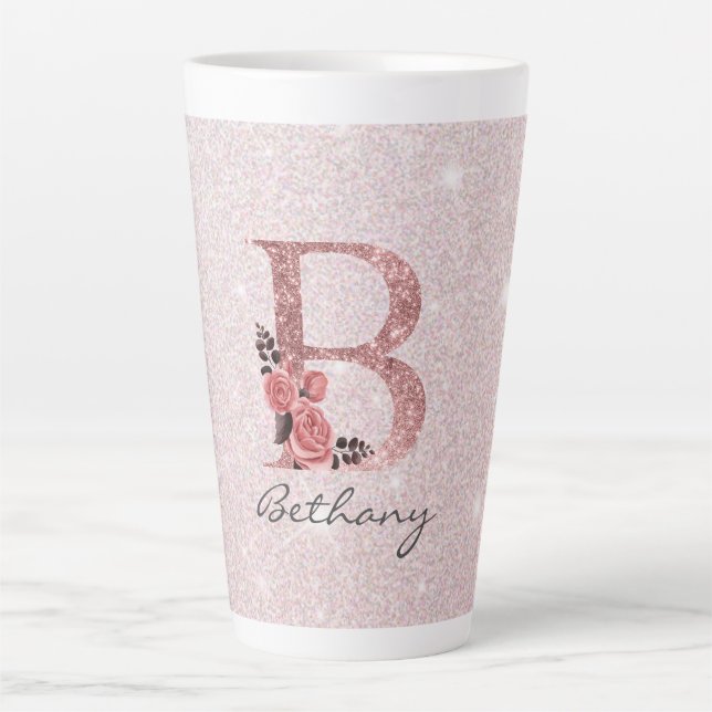 Rose Gold Brushed Glitter Monogram Name Latte Mug (Front)