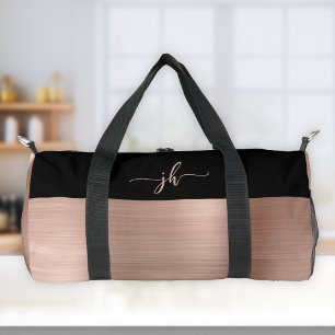 Rose Gold Brushed Metal Black Script Monogram Duffle Bag
