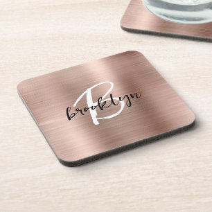 Rose Gold Brushed Metal Black White Monogram  Coaster