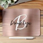 Rose Gold Brushed Metal Black White Monogram  Mouse Pad<br><div class="desc">This elegant personalised mouse pad features a monogram and first name in modern black and white script on a trendy rose gold brushed metal background.</div>