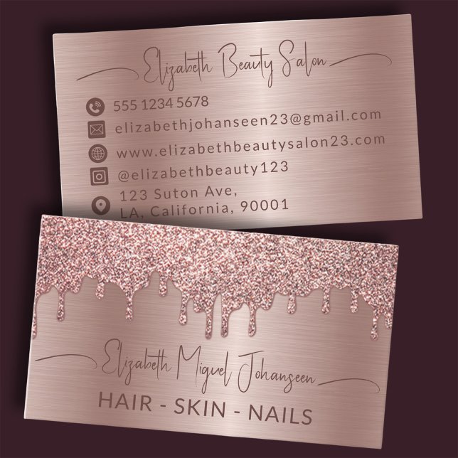 Rose Gold Brushed Metal Glitter Drips Beauty Salon Business Card (Creator Uploaded)