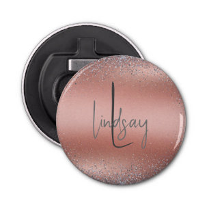 Rose Gold Brushed Metal Glitter Monogram Bottle Opener