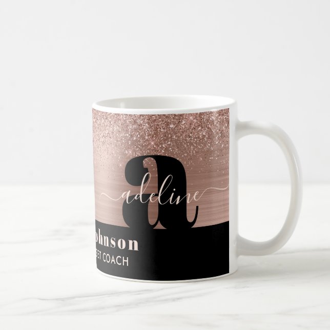 Rose Gold Brushed Metal Glitter Monogram Coffee Mug (Right)