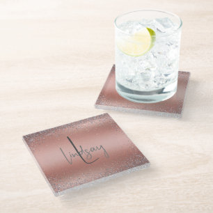 Rose Gold Brushed Metal Glitter Monogram   Glass Coaster